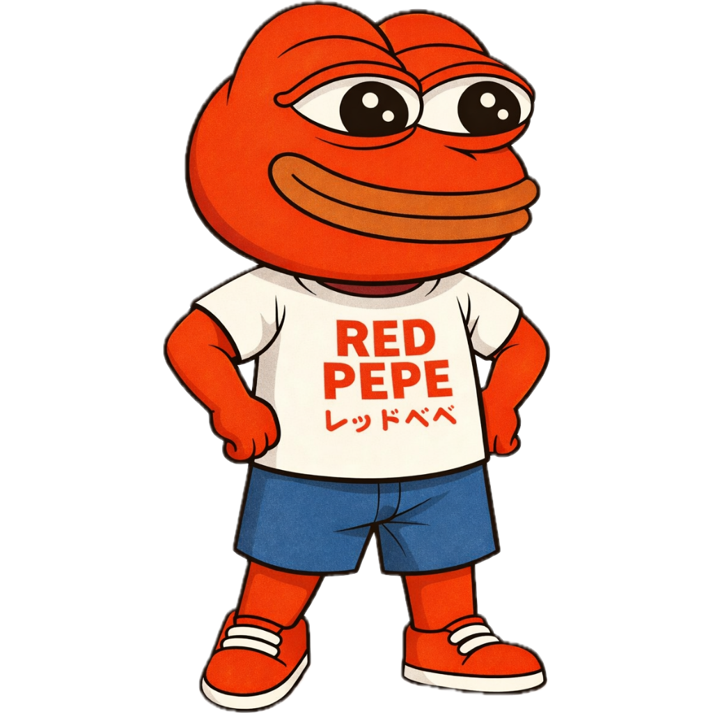 Red Pepe riding a rocket to the moon